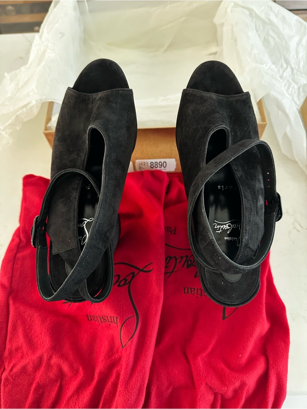 Brand New Never Worn Christian Louboutin Black Suede Platform Peep-Toe Heels - Picture 3 of 7